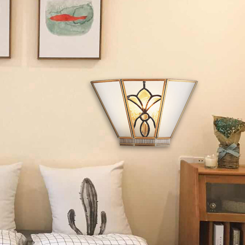 Single Light Trapezoid Sconce Lamp Colonial Opaline Glass Gold Finish Wall Light Gold Clearhalo 'Wall Lamps & Sconces' 'Wall Lights' Lighting' 333623