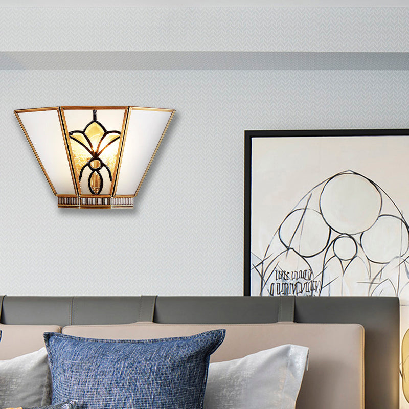 Single Light Trapezoid Sconce Lamp Colonial Opaline Glass Gold Finish Wall Light Clearhalo 'Wall Lamps & Sconces' 'Wall Lights' Lighting' 333625