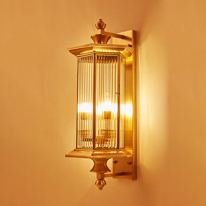 Faceted Ribbed/Panel Clear/Tan Glass Wall Lantern Vintage 1 Bulb Armed Sconce Light Fixture Clear Clearhalo 'Wall Lamps & Sconces' 'Wall Lights' Lighting' 333629