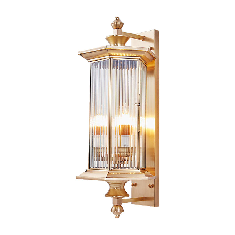 Faceted Ribbed/Panel Clear/Tan Glass Wall Lantern Vintage 1 Bulb Armed Sconce Light Fixture Clearhalo 'Wall Lamps & Sconces' 'Wall Lights' Lighting' 333632