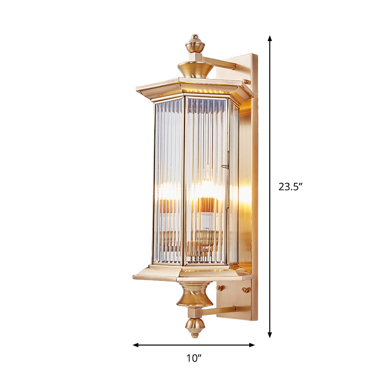 Faceted Ribbed/Panel Clear/Tan Glass Wall Lantern Vintage 1 Bulb Armed Sconce Light Fixture Clearhalo 'Wall Lamps & Sconces' 'Wall Lights' Lighting' 333633