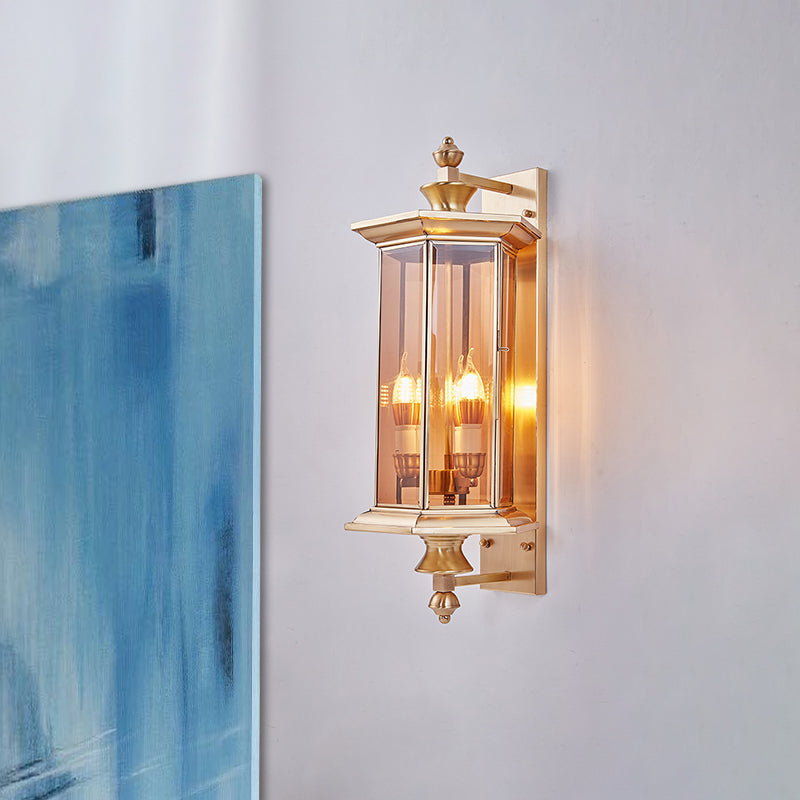 Faceted Ribbed/Panel Clear/Tan Glass Wall Lantern Vintage 1 Bulb Armed Sconce Light Fixture Clearhalo 'Wall Lamps & Sconces' 'Wall Lights' Lighting' 333635