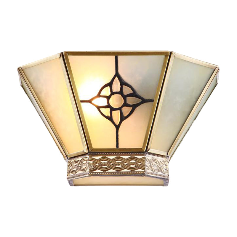 1 Light Wall Sconce Conical White Frosted Glass Retro Wall Mount Lighting with Gold Twisting Pattern Clearhalo 'Wall Lamps & Sconces' 'Wall Lights' Lighting' 333641