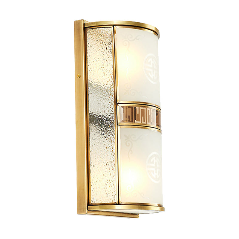 Vintage Half Cylinder Wall Lamp 8"/10" W 4/2-Light Printed Glass Sconce Light with Gold Backplate Clearhalo 'Wall Lamps & Sconces' 'Wall Lights' Lighting' 333651