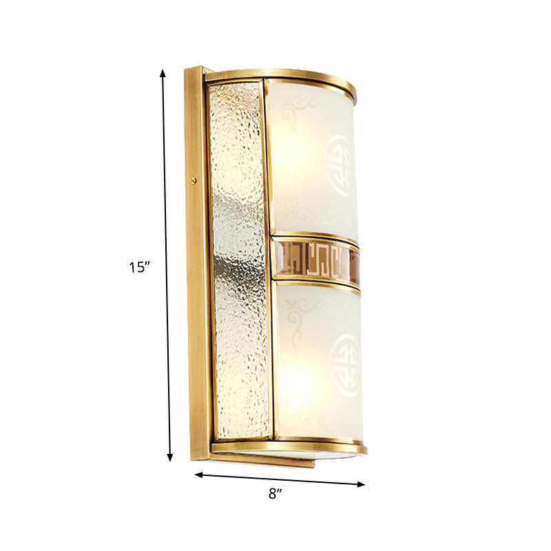 Vintage Half Cylinder Wall Lamp 8"/10" W 4/2-Light Printed Glass Sconce Light with Gold Backplate Clearhalo 'Wall Lamps & Sconces' 'Wall Lights' Lighting' 333652