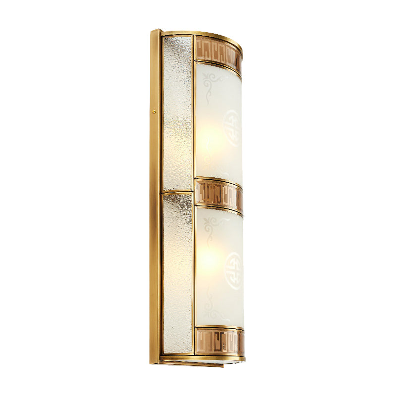 Vintage Half Cylinder Wall Lamp 8"/10" W 4/2-Light Printed Glass Sconce Light with Gold Backplate Clearhalo 'Wall Lamps & Sconces' 'Wall Lights' Lighting' 333655