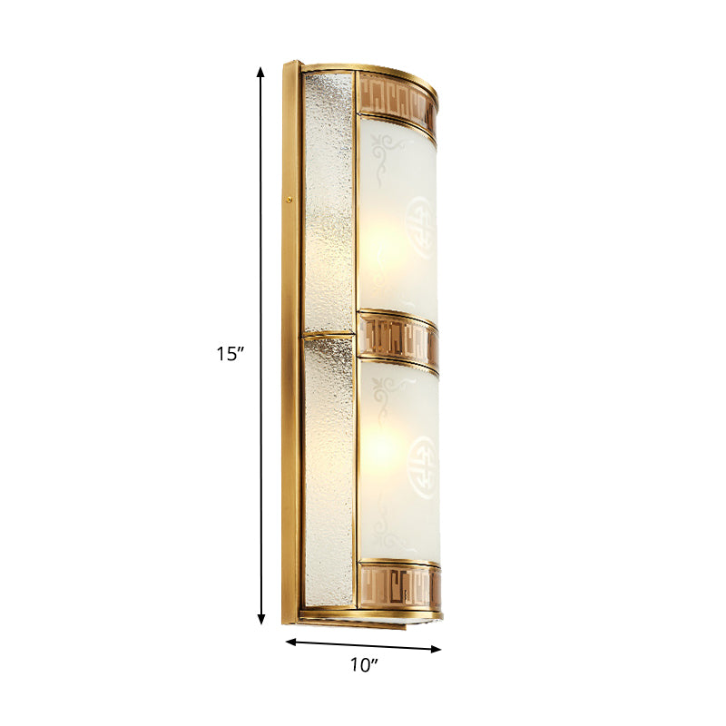 Vintage Half Cylinder Wall Lamp 8"/10" W 4/2-Light Printed Glass Sconce Light with Gold Backplate Clearhalo 'Wall Lamps & Sconces' 'Wall Lights' Lighting' 333656