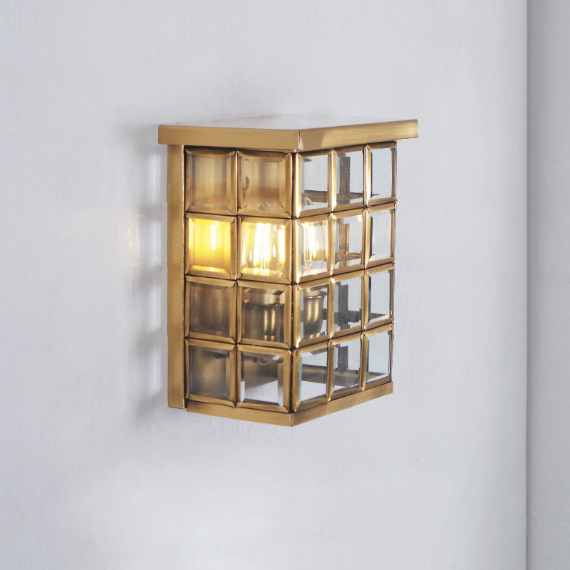 Colonial Grid Flush Wall Sconce 2-Light Clear Glass Outdoor Wall Mount Light in Gold Gold Clearhalo 'Wall Lamps & Sconces' 'Wall Lights' Lighting' 333657