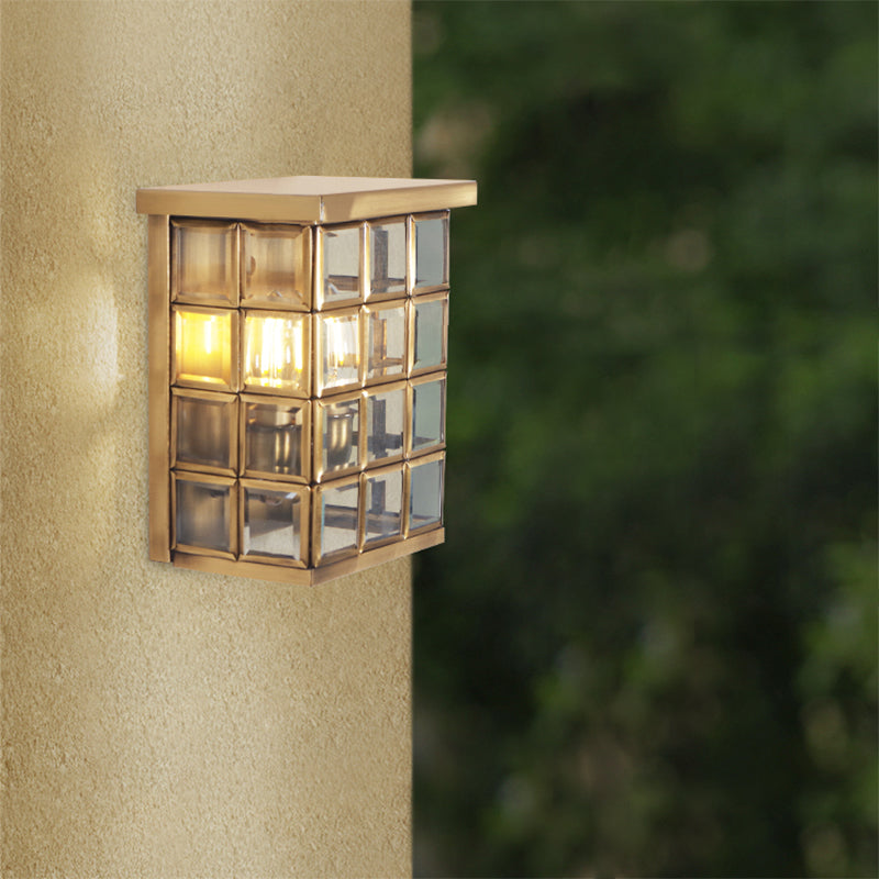 Colonial Grid Flush Wall Sconce 2-Light Clear Glass Outdoor Wall Mount Light in Gold Clearhalo 'Wall Lamps & Sconces' 'Wall Lights' Lighting' 333659