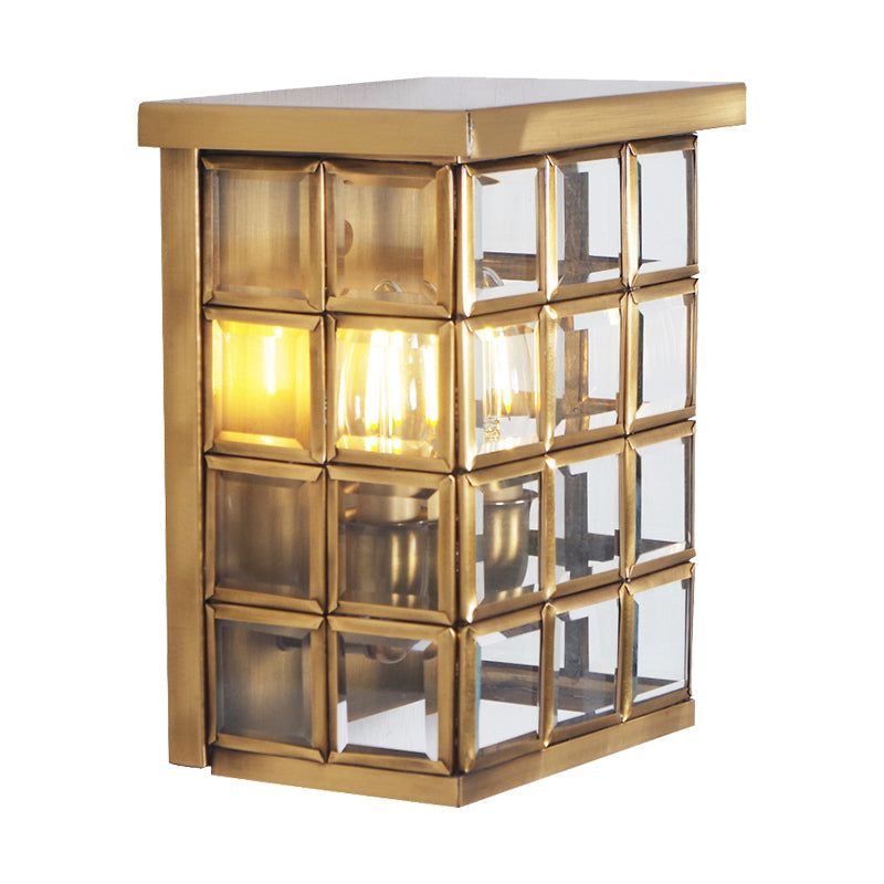 Colonial Grid Flush Wall Sconce 2-Light Clear Glass Outdoor Wall Mount Light in Gold Clearhalo 'Wall Lamps & Sconces' 'Wall Lights' Lighting' 333660