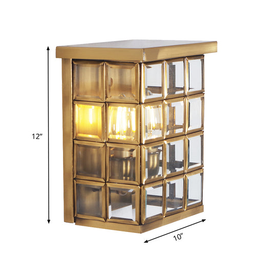 Colonial Grid Flush Wall Sconce 2-Light Clear Glass Outdoor Wall Mount Light in Gold Clearhalo 'Wall Lamps & Sconces' 'Wall Lights' Lighting' 333661