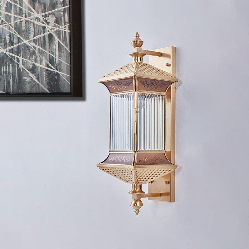 Gold Finish Lantern Sconce Light Classic Frosted Glass 1-Light Wall Mount Lighting Clearhalo 'Wall Lamps & Sconces' 'Wall Lights' Lighting' 333665