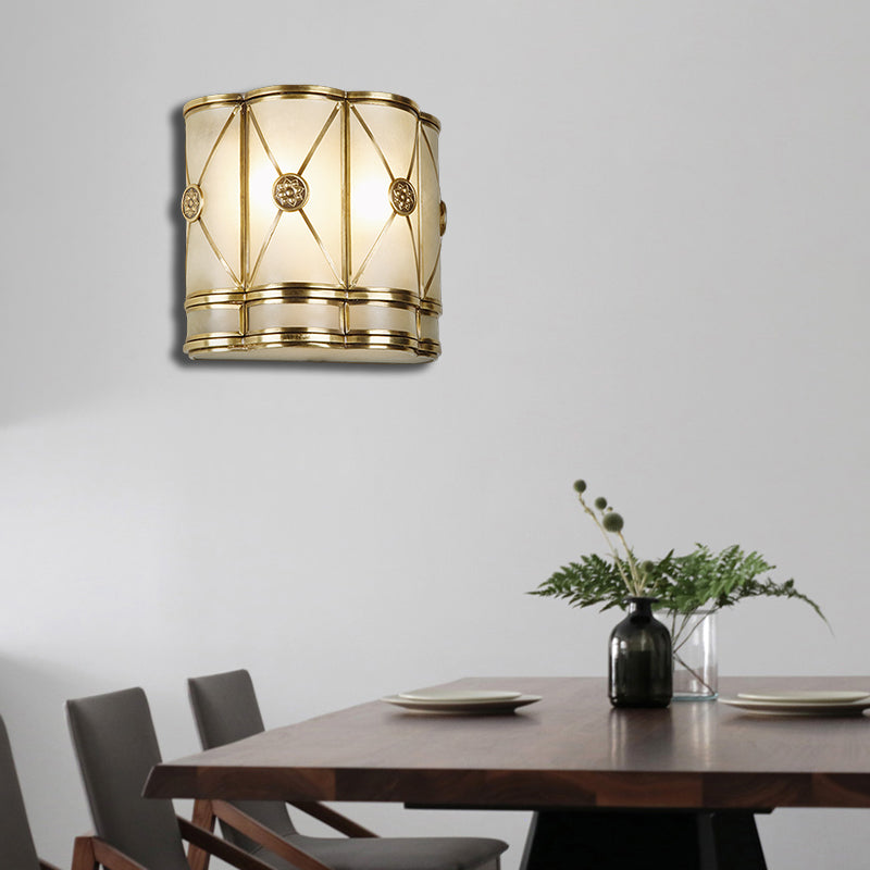 Gold Tapered/Cylinder Wall Mounted Lamp 7.5"/10" H Vintage Frosted Glass 1 Bulb Flush Sconce Light Clearhalo 'Wall Lamps & Sconces' 'Wall Lights' Lighting' 333670