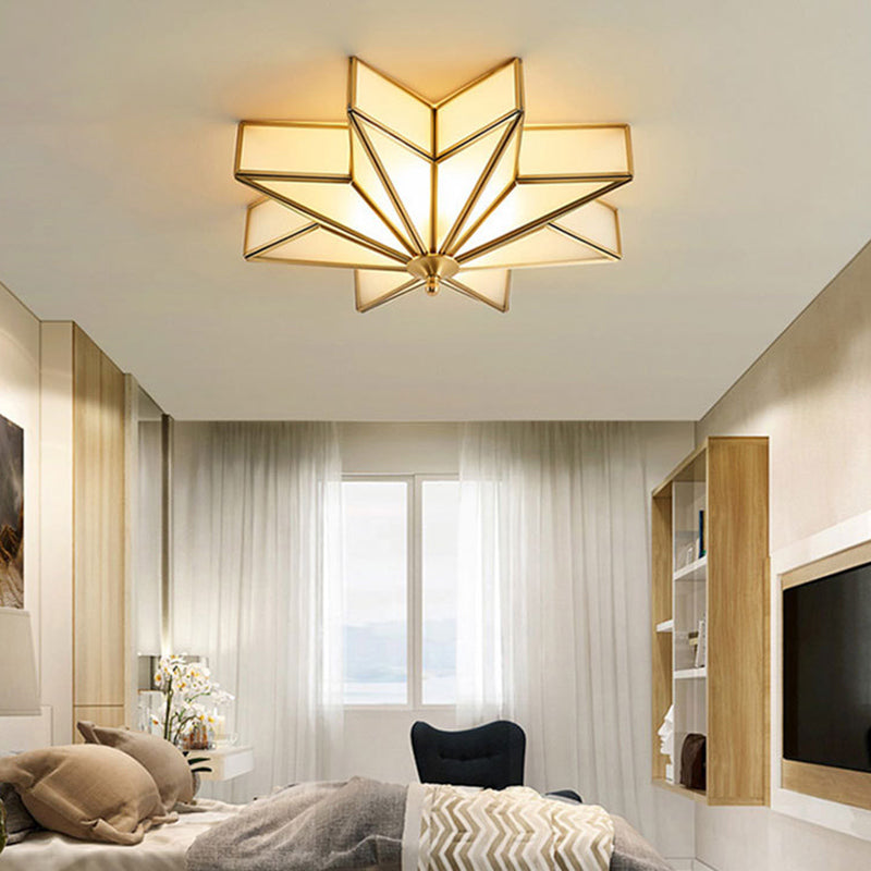 Brass Star Flush Mount Fixture Classic Beveled Frosted Glass 4-Light Living Room Flush Ceiling Light Clearhalo 'Ceiling Lights' 'Close To Ceiling Lights' 'Close to ceiling' 'Flush mount' Lighting' 333685