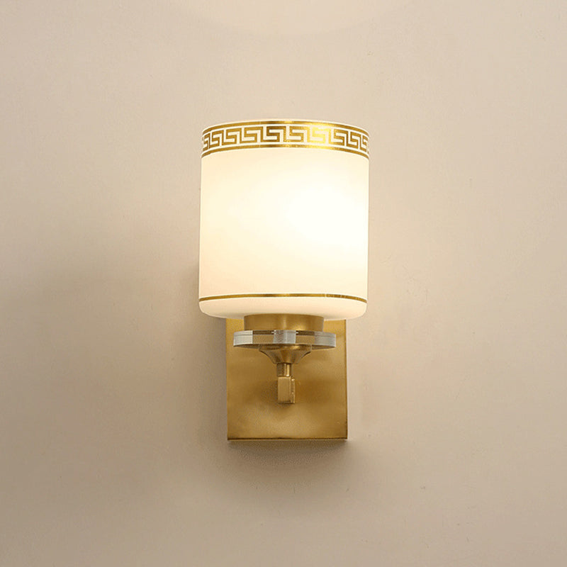 Single Cylinder Wall Light Sconce Traditional Opal Frosted Glass Wall Lamp in Gold with Swastika Element Gold Clearhalo 'Wall Lamps & Sconces' 'Wall Lights' Lighting' 333688