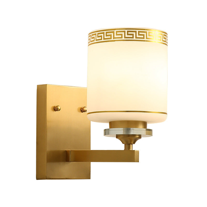 Single Cylinder Wall Light Sconce Traditional Opal Frosted Glass Wall Lamp in Gold with Swastika Element Clearhalo 'Wall Lamps & Sconces' 'Wall Lights' Lighting' 333691