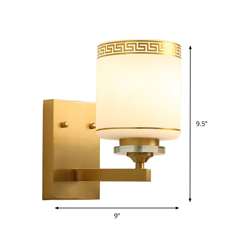 Single Cylinder Wall Light Sconce Traditional Opal Frosted Glass Wall Lamp in Gold with Swastika Element Clearhalo 'Wall Lamps & Sconces' 'Wall Lights' Lighting' 333692