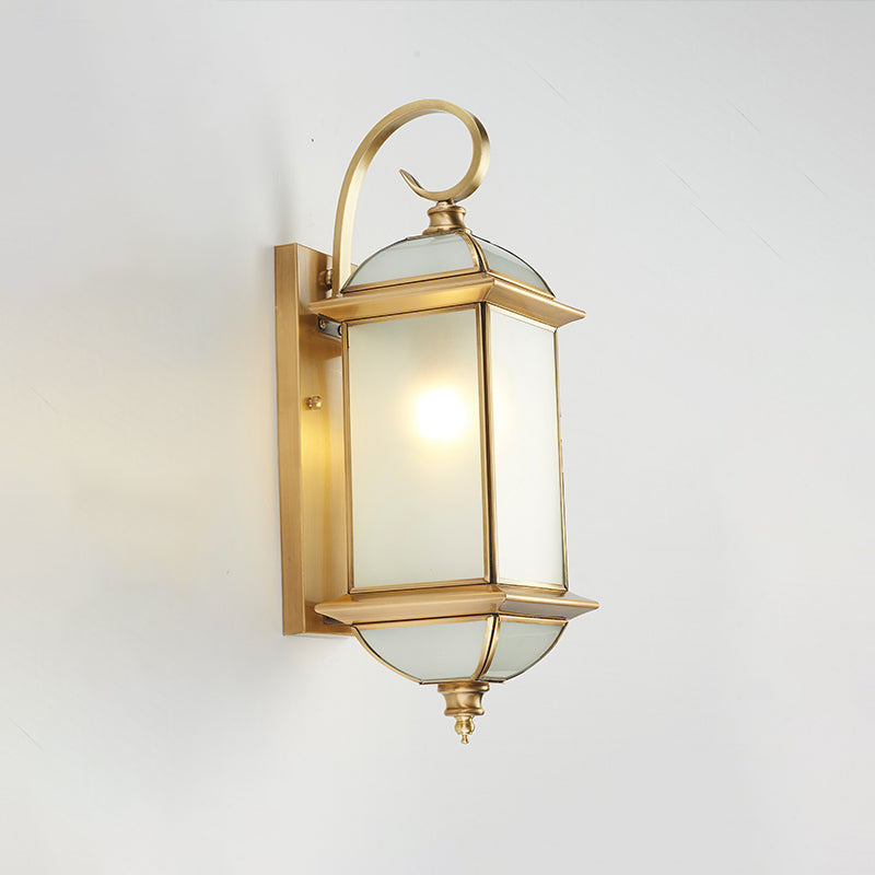 Single Curly Arm Wall Sconce Classic Golden Brass and Frosted Glass Shade Outdoor Wall Lantern Gold Clearhalo 'Wall Lamps & Sconces' 'Wall Lights' Lighting' 333704