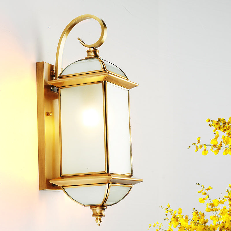 Single Curly Arm Wall Sconce Classic Golden Brass and Frosted Glass Shade Outdoor Wall Lantern Clearhalo 'Wall Lamps & Sconces' 'Wall Lights' Lighting' 333705