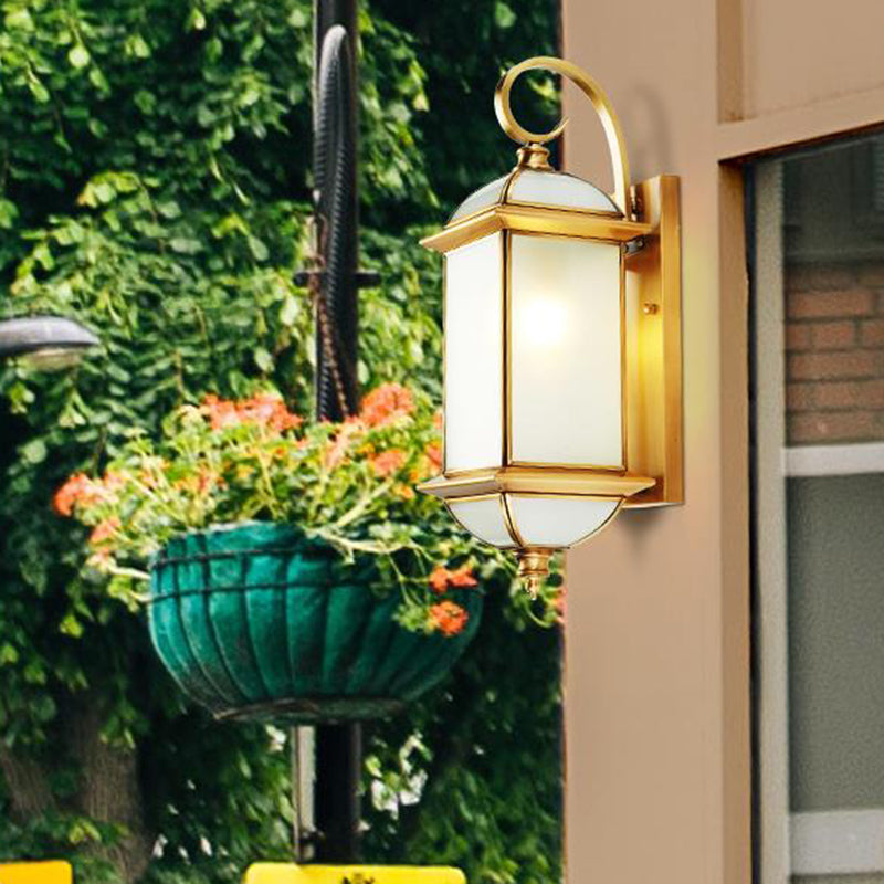 Single Curly Arm Wall Sconce Classic Golden Brass and Frosted Glass Shade Outdoor Wall Lantern Clearhalo 'Wall Lamps & Sconces' 'Wall Lights' Lighting' 333706