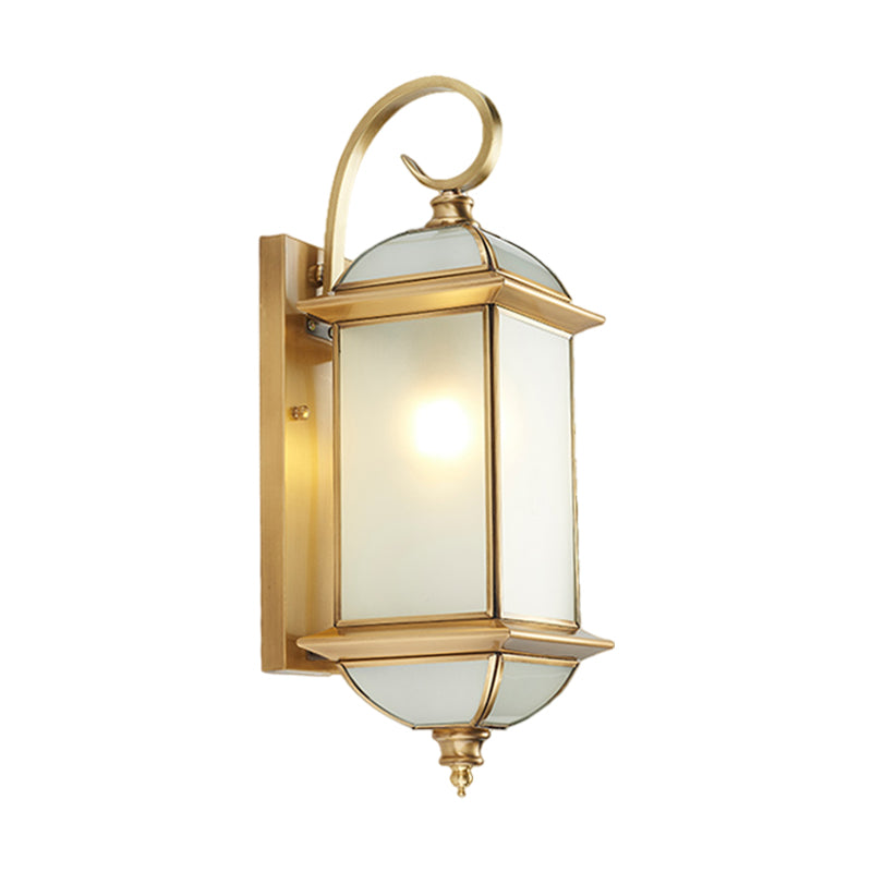 Single Curly Arm Wall Sconce Classic Golden Brass and Frosted Glass Shade Outdoor Wall Lantern Clearhalo 'Wall Lamps & Sconces' 'Wall Lights' Lighting' 333707