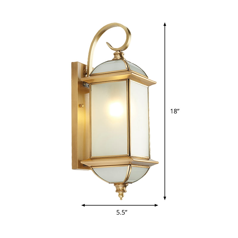 Single Curly Arm Wall Sconce Classic Golden Brass and Frosted Glass Shade Outdoor Wall Lantern Clearhalo 'Wall Lamps & Sconces' 'Wall Lights' Lighting' 333708