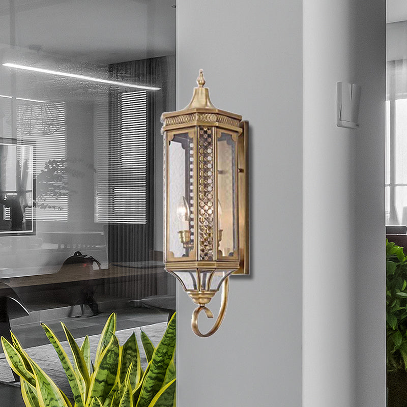 3 Bulbs Outdoor Wall Lantern Traditional Gold Finish Metallic Carved Sconce Light Gold Clearhalo 'Wall Lamps & Sconces' 'Wall Lights' Lighting' 333709