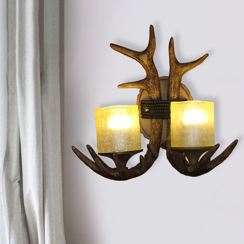 Resin Antler Sconce Lighting Traditional 2-Light Bedroom Wall Mounted Lamp in Wood Clearhalo 'Wall Lamps & Sconces' 'Wall Lights' Lighting' 335755