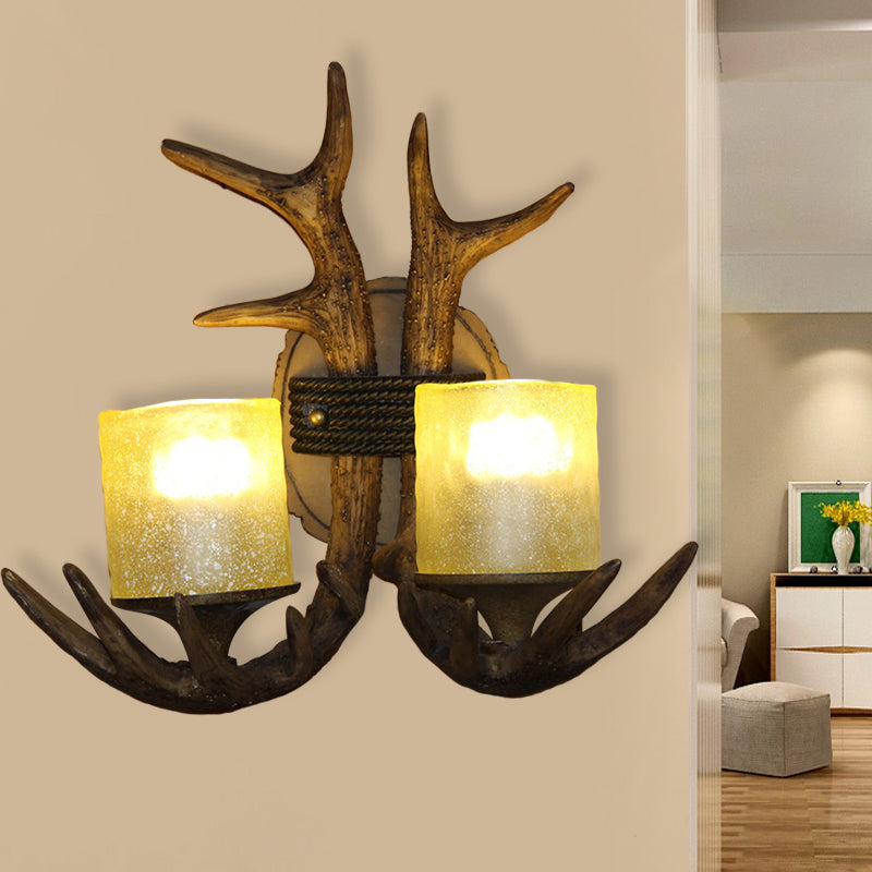 Resin Antler Sconce Lighting Traditional 2-Light Bedroom Wall Mounted Lamp in Wood Wood Clearhalo 'Wall Lamps & Sconces' 'Wall Lights' Lighting' 335756