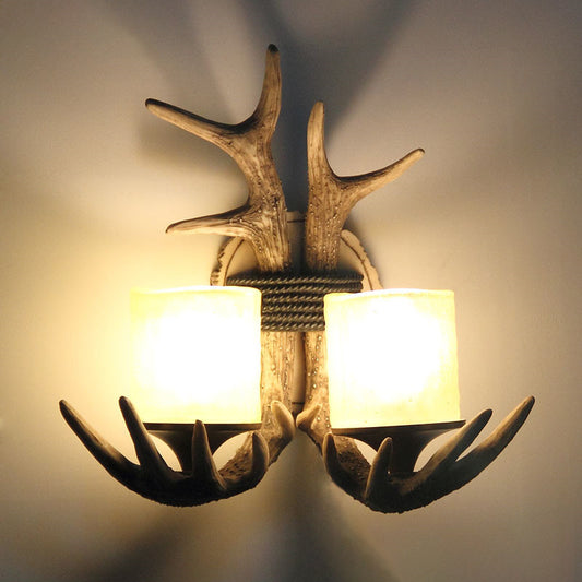 Resin Antler Sconce Lighting Traditional 2-Light Bedroom Wall Mounted Lamp in Wood Clearhalo 'Wall Lamps & Sconces' 'Wall Lights' Lighting' 335757