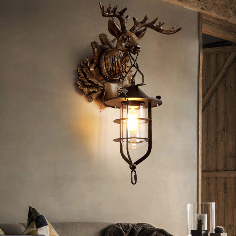 1 Light Elk Wall Lamp Country Dark Wood Resin Sconce Light Fixture for Living Room with Cage Clearhalo 'Wall Lamps & Sconces' 'Wall Lights' Lighting' 335760