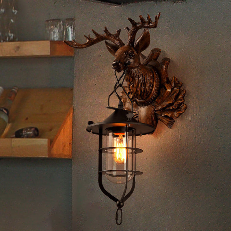 1 Light Elk Wall Lamp Country Dark Wood Resin Sconce Light Fixture for Living Room with Cage Dark Wood Clearhalo 'Wall Lamps & Sconces' 'Wall Lights' Lighting' 335761