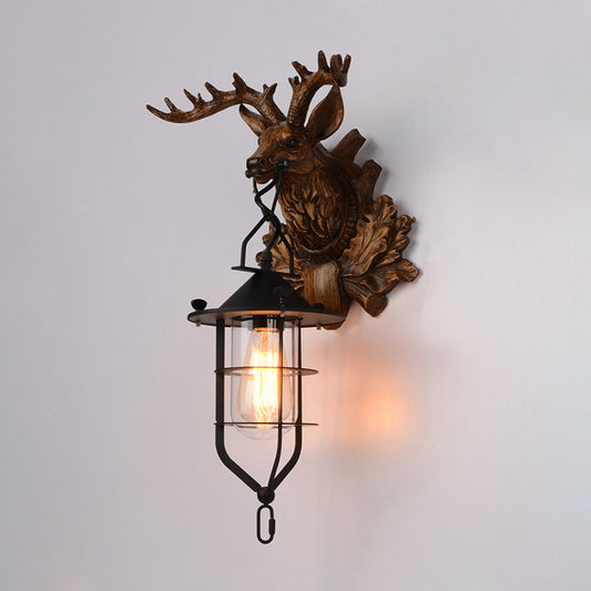 1 Light Elk Wall Lamp Country Dark Wood Resin Sconce Light Fixture for Living Room with Cage Clearhalo 'Wall Lamps & Sconces' 'Wall Lights' Lighting' 335762