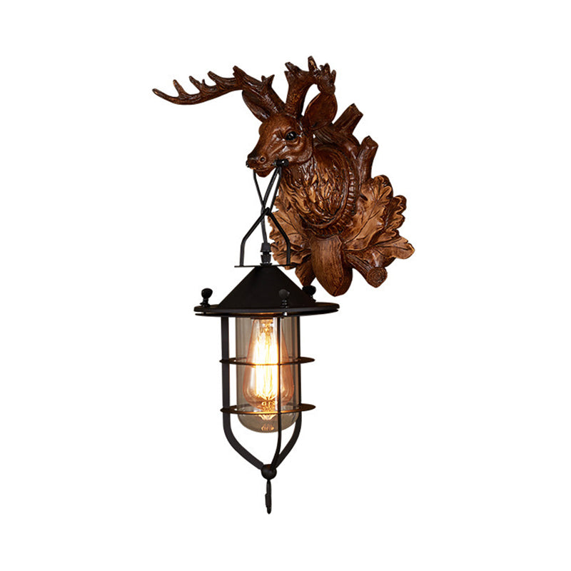 1 Light Elk Wall Lamp Country Dark Wood Resin Sconce Light Fixture for Living Room with Cage Clearhalo 'Wall Lamps & Sconces' 'Wall Lights' Lighting' 335763