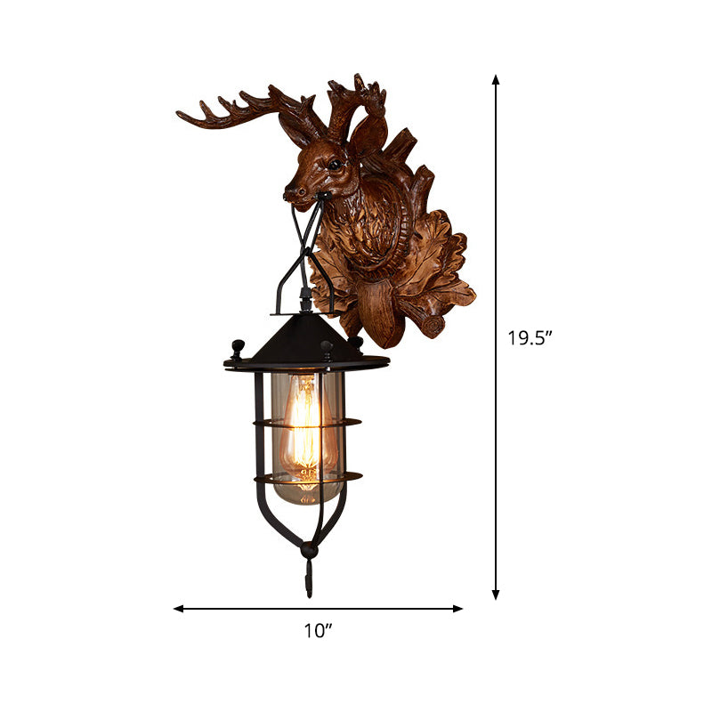 1 Light Elk Wall Lamp Country Dark Wood Resin Sconce Light Fixture for Living Room with Cage Clearhalo 'Wall Lamps & Sconces' 'Wall Lights' Lighting' 335764