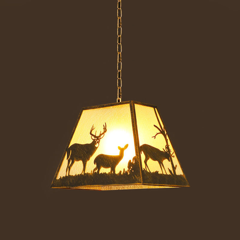 Rustic Trapezoid Pendant Lamp 1 Light Metal Hanging Light Fixture in Brown for Restaurant with Elk Pattern Clearhalo 'Ceiling Lights' 'Pendant Lights' 'Pendants' Lighting' 335800