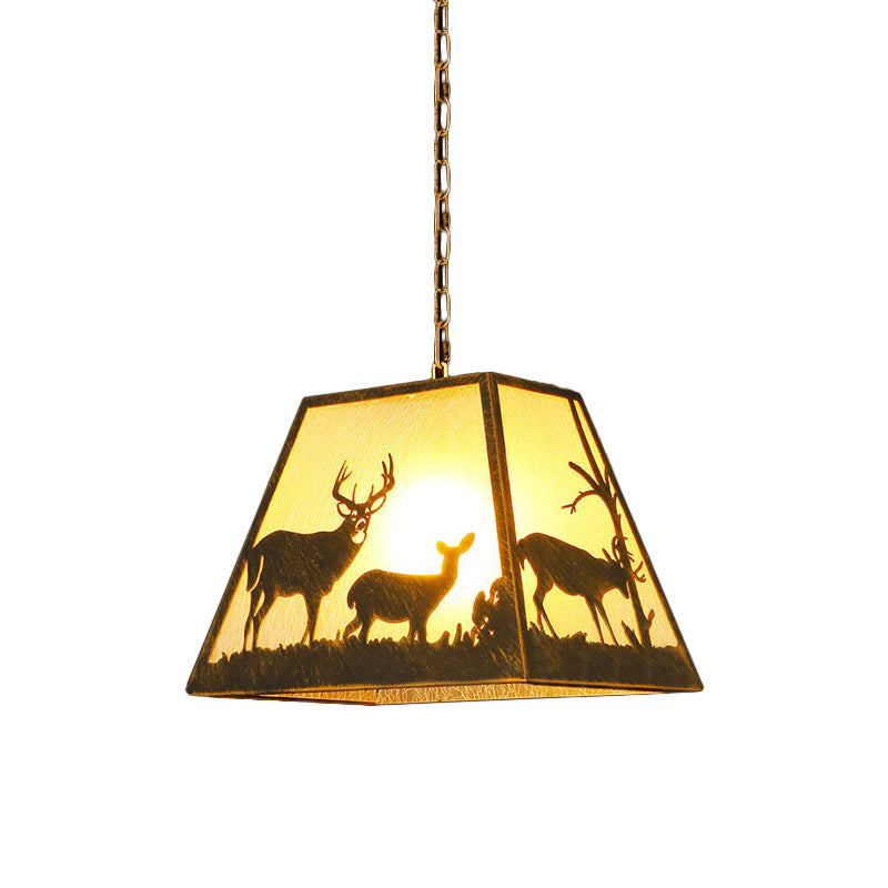 Rustic Trapezoid Pendant Lamp 1 Light Metal Hanging Light Fixture in Brown for Restaurant with Elk Pattern Clearhalo 'Ceiling Lights' 'Pendant Lights' 'Pendants' Lighting' 335801