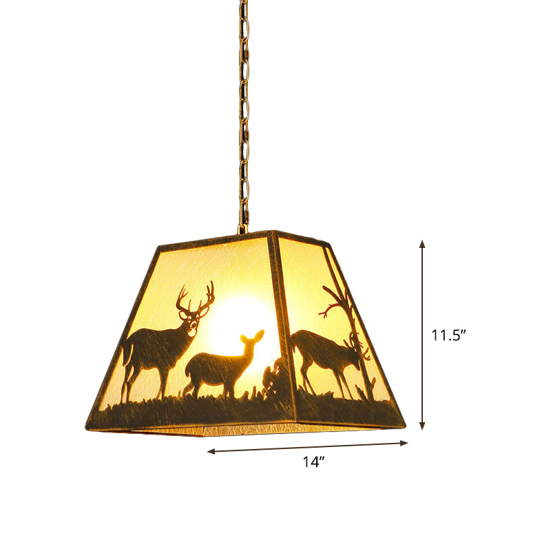 Rustic Trapezoid Pendant Lamp 1 Light Metal Hanging Light Fixture in Brown for Restaurant with Elk Pattern Clearhalo 'Ceiling Lights' 'Pendant Lights' 'Pendants' Lighting' 335802