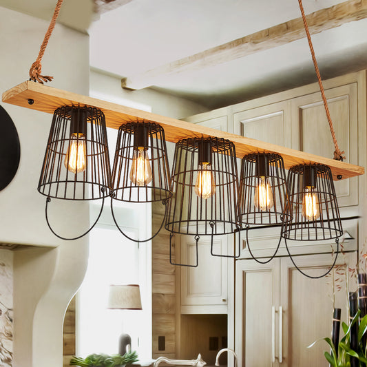 5 Lights Island Pendant Light Traditional Barrel Metal Hanging Lamp in Wood for Dining Room Wood Clearhalo 'Ceiling Lights' 'Island Lights' Lighting' 335863