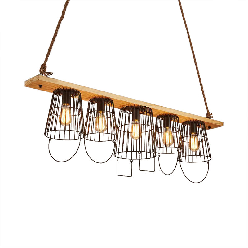 5 Lights Island Pendant Light Traditional Barrel Metal Hanging Lamp in Wood for Dining Room Clearhalo 'Ceiling Lights' 'Island Lights' Lighting' 335865