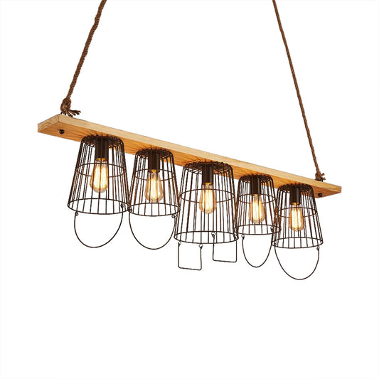 5 Lights Island Pendant Light Traditional Barrel Metal Hanging Lamp in Wood for Dining Room Clearhalo 'Ceiling Lights' 'Island Lights' Lighting' 335865