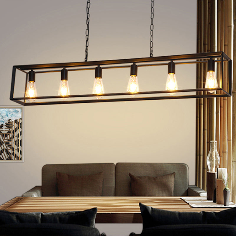 Black/Brass Rectangle Island Pendant Classic Metal 5/6 Bulbs Dining Room Hanging Ceiling Light 6 Black Clearhalo 'Ceiling Lights' 'Island Lights' Lighting' 335883