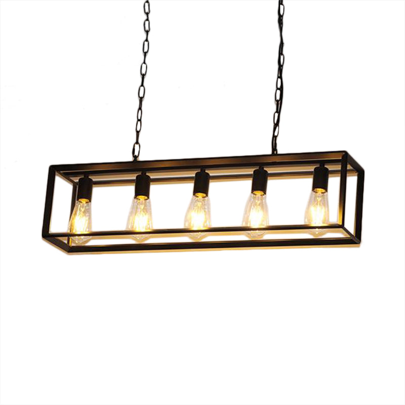 Black/Brass Rectangle Island Pendant Classic Metal 5/6 Bulbs Dining Room Hanging Ceiling Light 5 Black Clearhalo 'Ceiling Lights' 'Island Lights' Lighting' 335888