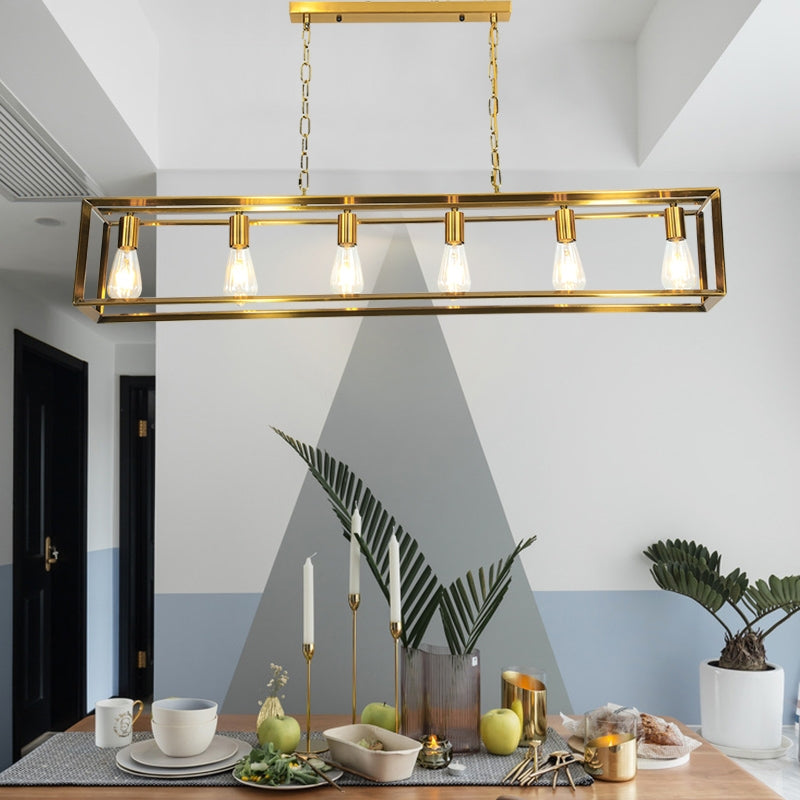 Black/Brass Rectangle Island Pendant Classic Metal 5/6 Bulbs Dining Room Hanging Ceiling Light 6 Brass Clearhalo 'Ceiling Lights' 'Island Lights' Lighting' 335890