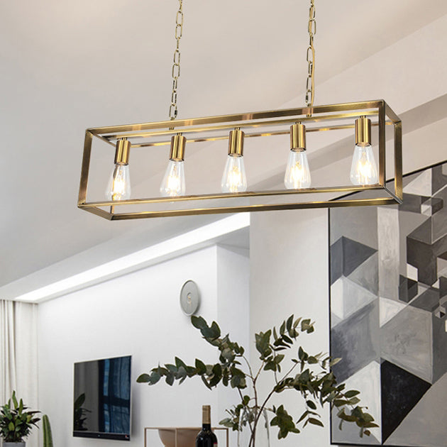 Black/Brass Rectangle Island Pendant Classic Metal 5/6 Bulbs Dining Room Hanging Ceiling Light 5 Brass Clearhalo 'Ceiling Lights' 'Island Lights' Lighting' 335892