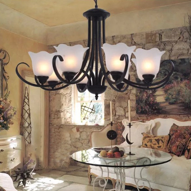 3/6/8 Bulbs Bell Chandelier Light Traditional Black Frosted Glass Hanging Ceiling Fixture for Living Room 8 Black Clearhalo 'Ceiling Lights' 'Chandeliers' Lighting' options 335968_f4089d78-1618-404b-a648-6382a16c30bd