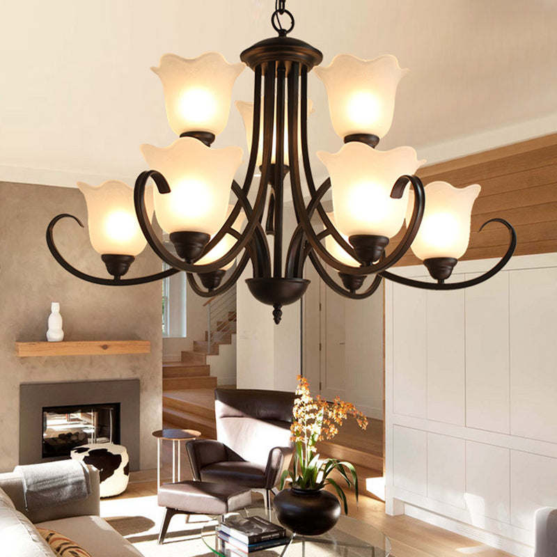 Opal Glass Black Pendant Lamp Flower Shape 9 Lights Classic Chandelier Light Fixture for Living Room Clearhalo 'Ceiling Lights' 'Chandeliers' Lighting' options 335981
