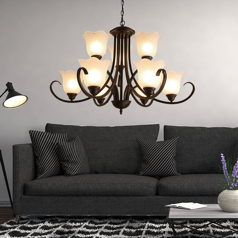 Opal Glass Black Pendant Lamp Flower Shape 9 Lights Classic Chandelier Light Fixture for Living Room Clearhalo 'Ceiling Lights' 'Chandeliers' Lighting' options 335982