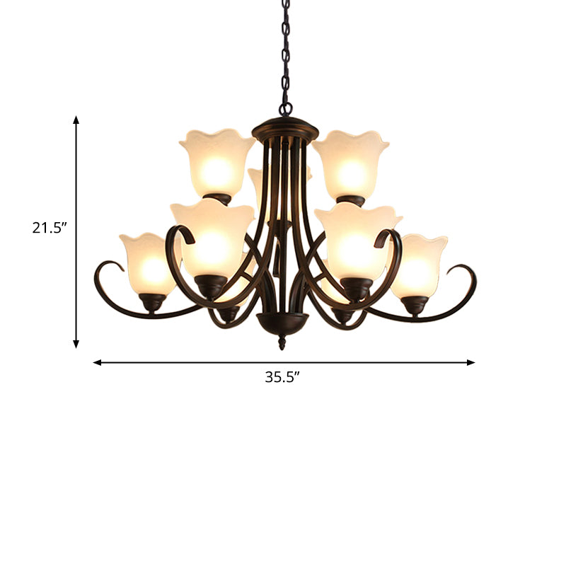 Opal Glass Black Pendant Lamp Flower Shape 9 Lights Classic Chandelier Light Fixture for Living Room Clearhalo 'Ceiling Lights' 'Chandeliers' Lighting' options 335984