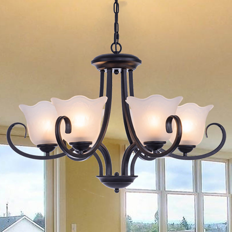 4/6/8 Bulbs Ceiling Lamp with Flared Shade Frosted Glass Traditional Bedroom Chandelier Pendant Light in Black Clearhalo 'Ceiling Lights' 'Chandeliers' Lighting' options 335986